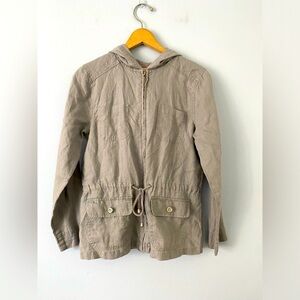 St. Tropez West 100% Linen Lagenlook Top Small Gray Front Zip Hooded Waist Tie